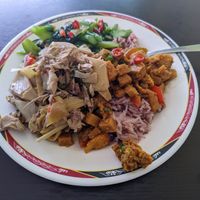 Rice with 3 toppings, 45 baht at Chew Xin Jai in Pai