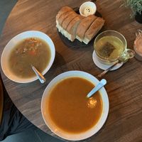 Winter vegetable soup (bottom), with bread and Icelandic herb tea   at The Soup Company in Vik