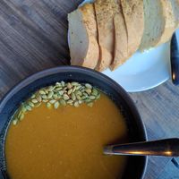 Vegan Indian soup and bread at The Soup Company in Vik