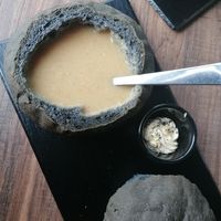 Cauliflower soup and black carbon bread at The Soup Company in Vik