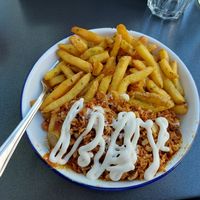 Vegane Currywurst mit Pommes + vegane Mayonnaise at Herman ze German in Loerrach