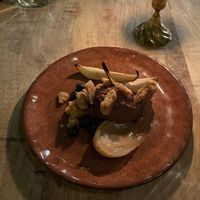 Chocolate mousse with baked pear and peanut brittle at The Meets Restaurant in Amsterdam