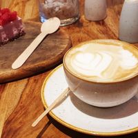 Vegan latte and raspberry cheesecake at Organic Kitchen in Casablanca