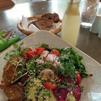 Vegan Buddha Bowl Salad (125 MAD) with Lemon & Ginger juice (25 MAD) at Organic Kitchen in Casablanca