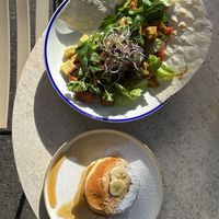 planted chicken shawarma + peanut butter & banana pancakes   at Grand Café Lochergut in Zurich