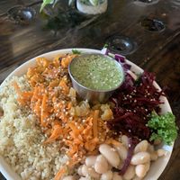 Sweet potato bowl with oil free avocado dressing  at Root in Newport