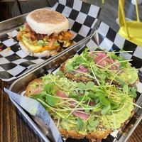 avocado toast + breakfast sandwich  at Root in Newport