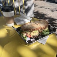 Visit 2: Chickpea salad sandwich +avocado +violife cheese, coffee, cookie  at Root in Newport