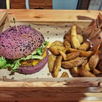 Cherry bomb burger and fries at Flower Burger in Bari