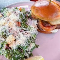 Mozza melt burger with side Caesar salad at Nateure's Plate in Peterborough