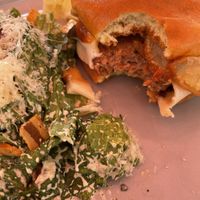 Mozza melt burger with side Caesar salad at Nateure's Plate in Peterborough