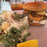 Mozza melt burger with side Caesar salad at Nateure's Plate in Peterborough