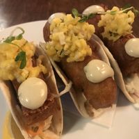 Fish (hearts of palm) tacos with coleslaw, mango salsa and tarter sauce.  at Nateure's Plate in Peterborough