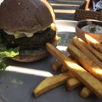 Falafel burger & sweet potato chips (120k) vegan mayo at Nourish in Hoi An