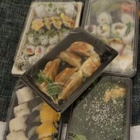 Gyoza, seaweed salad and 30 piece sushi combo.  at Legumi Sushi Vegan in Lisbon