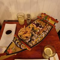 Sushi boat with lots of different Sushi and fried veggies at Legumi Sushi Vegan in Lisbon