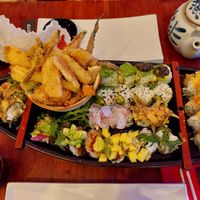 Started with the mushroom mix as a starter, followed by a sushi boat with 24 pieces, and then an additional plate with 15 extra pieces. at Legumi Sushi Vegan in Lisbon