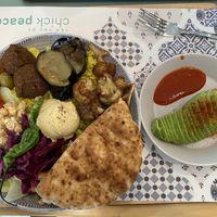 Vegan rice plate with side of avocado (added sriracha)  at Chick Peace 칙피스 - Gangnamgu in Seoul