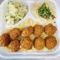 Falafel plate w/ potato salad & baba ghanoush. All vegan  at JDO Mediterranean in Whittier