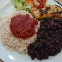 Rice with fried banana and black beans at La Piparra in Bilbao