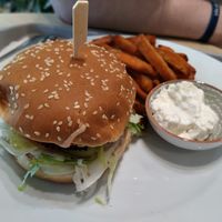 Vegan burger with sweet potato fries and vegan mayo at Loving Hut - Zlicin in Prague