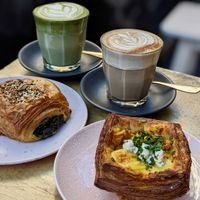 Vegan Mac & Cheese Danish, Vegan Spanakopita Roll, Vegan Chai Latte, Vegan Matcha Latte at Miss Sina - Surry Hills in Surry Hills