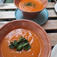 Pumpkin soup and carrot soup at Pura Vida in Gran Canaria