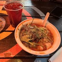 Hibiscus lemonade and spicy vegan soup  at Very Fresh Noodles in New York City