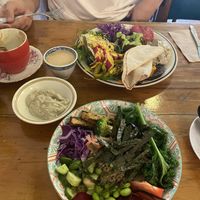 mixed falafel plate (top) and rainbow sushi bowl (bottom)  at Plant Based Wholefoods in Katoomba