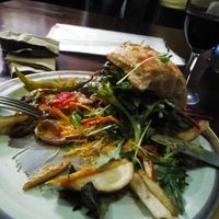 Tofu burger. And Rosnay Shiraz at Plant Based Wholefoods in Katoomba