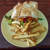 Tofu Burger with hand cut chips at Plant Based Wholefoods in Katoomba