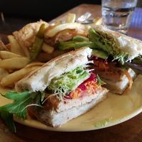 Tempeh burger with hand cut chips at Plant Based Wholefoods in Katoomba