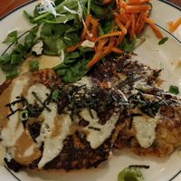 Delicious Okonomiyaki (Japanese pancakes). Forgot to get a photo before eating...! at Plant Based Wholefoods in Katoomba