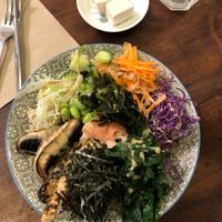 Home made almond feta cheese and rainbow sushi bowl  at Plant Based Wholefoods in Katoomba