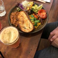 Freshly squeezed apple juice and big breakfast (scrambled tofu, smashed avocado etc)  at Plant Based Wholefoods in Katoomba