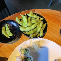 Edamame with lots of tasty sea salt. at Kanpai in Bend
