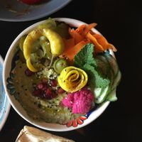 Coriander and lime hummus with pickles at Falla in Wroclaw