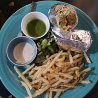 Teriyaki burrito with vegan sauces for fries at Hideout Burrito in Tokyo