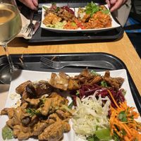 Mushroom and soya stroganoff, with crispy potatoes, and assorted salads  at Sattgrün Kolumba Viertel - Mitte in Cologne