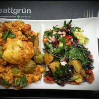 Brusselssprouts with pear slice and onion in mustard white wine sauce; cauliflower chickpea curry and a salad mix at Sattgrün Kolumba Viertel - Mitte in Cologne