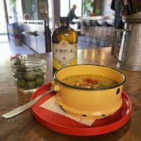 V soup of the day, olives and booch  at Satellite in Santa Barbara