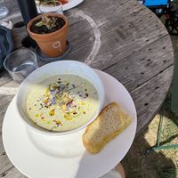 Gazpacho w foccacia. On orgel side of table bbq veggies w wheat and cheese at Jord & Bord Örnahusen in Borrby