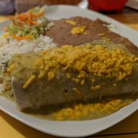 Enchilada with beans, rice and soy cheese at South of the Border in Desert Hot Springs