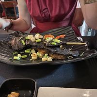 Antichucho appetizer of char-grilled mushrooms and potatoes  at Mestizo Fusion Cuisine in West Palm Beach