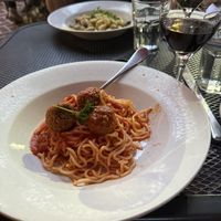 Spaghetti (vegan meatball) with marked vegan wine   at Terramia Ristorante in Boston