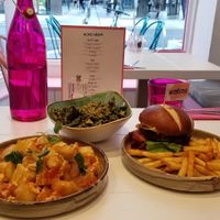 Patatas bravas, Kale chips, Kalifornia Burger at Kalifornia Kitchen in London