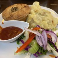 Mushroom pie with mashed potato  at Embassy Vegetarian Cafe in Katoomba