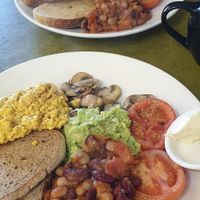 Big breakfast : Vegan in foreground, vegetarian in background. at Embassy Vegetarian Cafe in Katoomba
