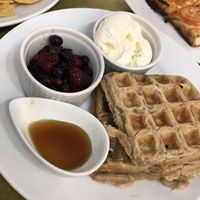 Waffles with berries and ice cream at Embassy Vegetarian Cafe in Katoomba