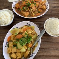 Lemongrass at top; curry tofu and l lower part of image. Both served with rice. Great valuee  at VietBowl in Guam